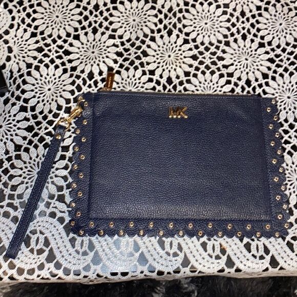 MICHAEL Michael Kors Handbags - Michael Kors Scalloped Navy Leather Wristlet